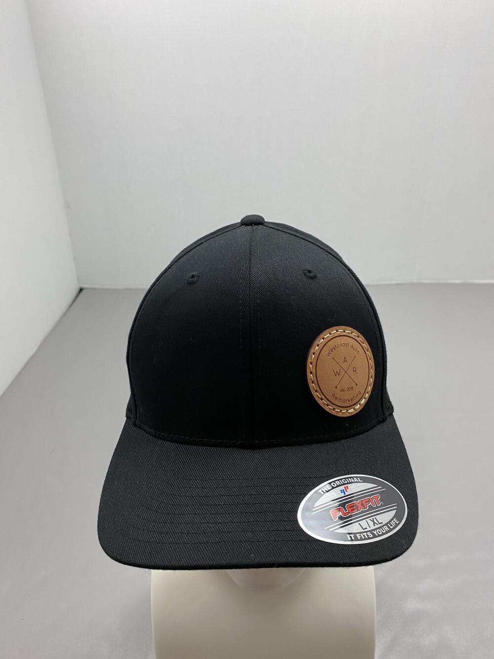 Flexfit Hat Cap Fitted Mens L Black Twill Stretch Leather Patch Westcoast Auto